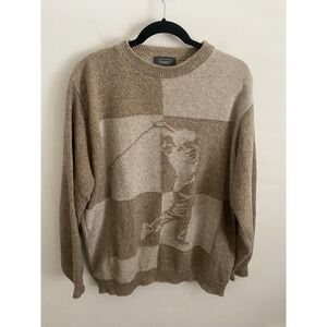 Haggar Tour Mens Vintage Golf Sweater Tan Beige Checkered Golfer Intarsia Knit L